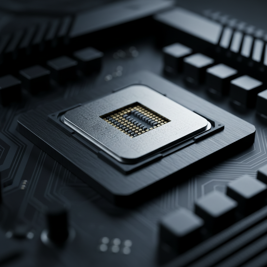A close-up, photographic macro shot of an open high-end CPU resting in a dark, brushed-metal socket on a minimalist motherboard. Fine gold contact pads glint subtly under cold, directional LED lighting, revealing microscopic textures and etched patterns. Around the chip, low-profile black capacitors and sleek heat-dissipation traces fade into soft blur. The PCB is a deep matte black with dark grey lines, giving the scene a stealthy, cyberpunk engineering feel. Captured from a slightly elevated angle with extreme shallow depth of field, the composition feels clinical, precise, and introspective, emphasizing the raw, physical reality behind abstract computation and overclocking.