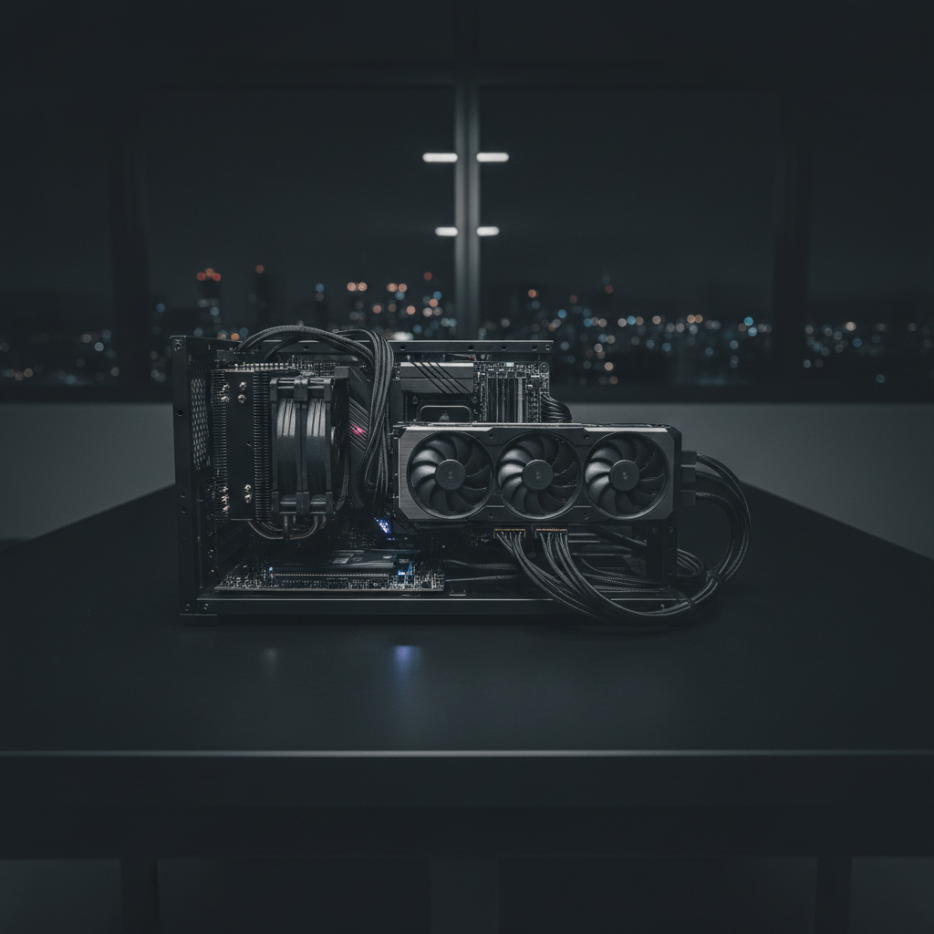 An ultra-wide photographic view of a custom open-air PC test bench on a matte black table, filled with exposed components: towering dark metal CPU cooler, braided black power cables, and a powerful GPU with its fans still. Minimal, cryptic RGB accents glow in icy blues and muted purples against an otherwise almost monochrome setup. A distant window spills faint nighttime city light into the room, but the main illumination comes from the components themselves, creating subtle reflections on the table. Shot from a low, cinematic angle, the composition uses leading lines of cables and PCBs to draw the eye inward, creating a moody, analytical, experimental-lab atmosphere.